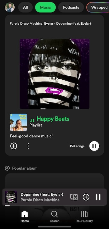 Mobilni uporabniški vmesnik (user interface) aplikacije Spotify. 