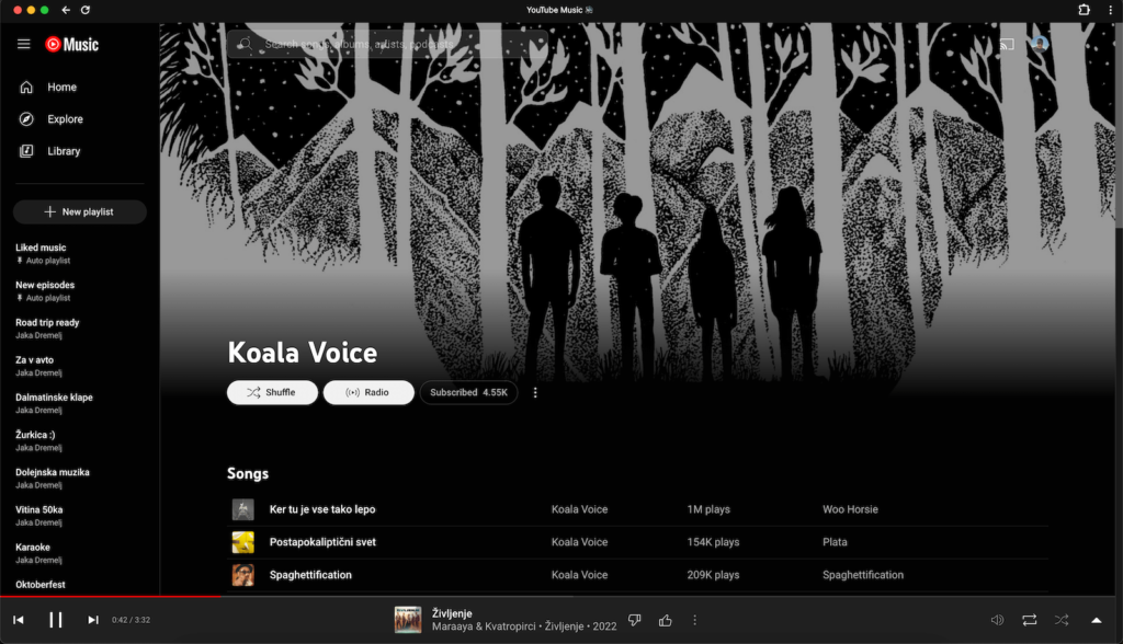 Uporabniški vmesnik namizne (Desktop) aplikcije YouTube Music. 